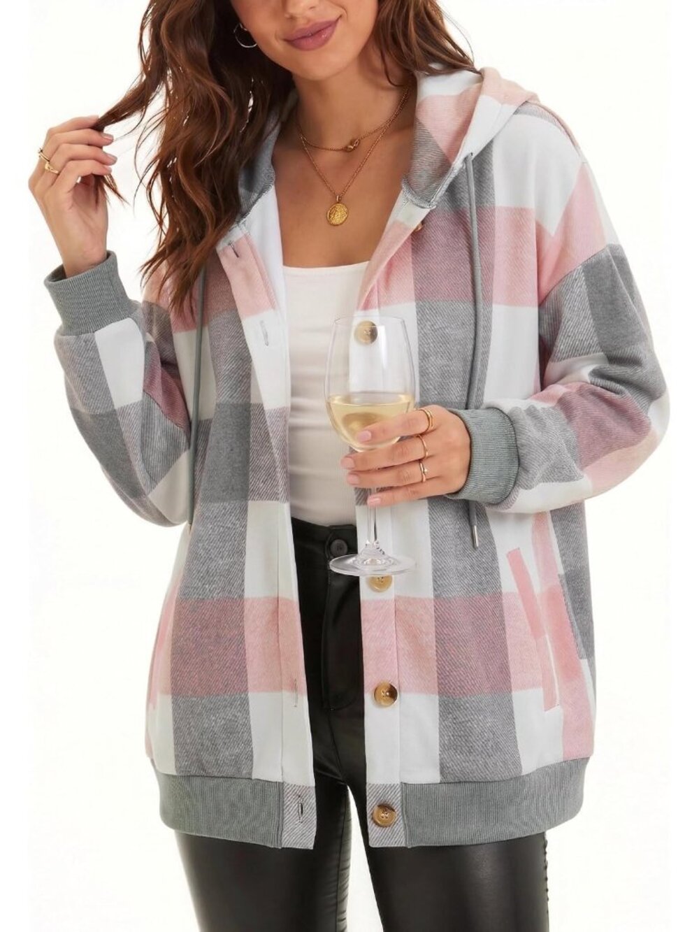 〽️Women's Pink Plaid Hoodie Sweatshirt Button Pocket Comfy Fleece Fashion Jacket